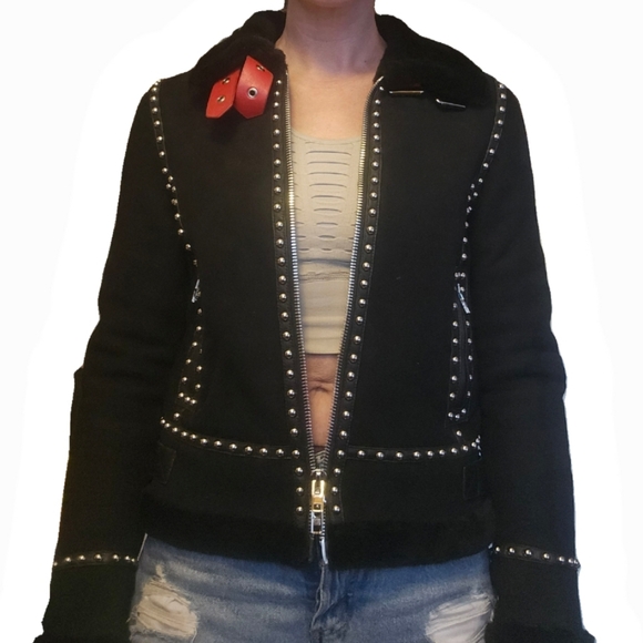Givenchy Paris Black Shearling Wool Red Leather Studded Moto Jacket Size Medium - Picture 3 of 16